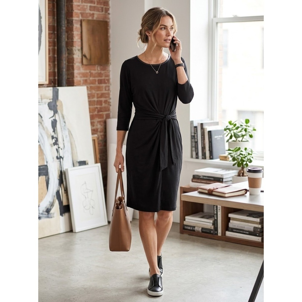 Tie Front Faux Leather Trim Massimo Dutti Black Jersey Sheath Dress Size L Large